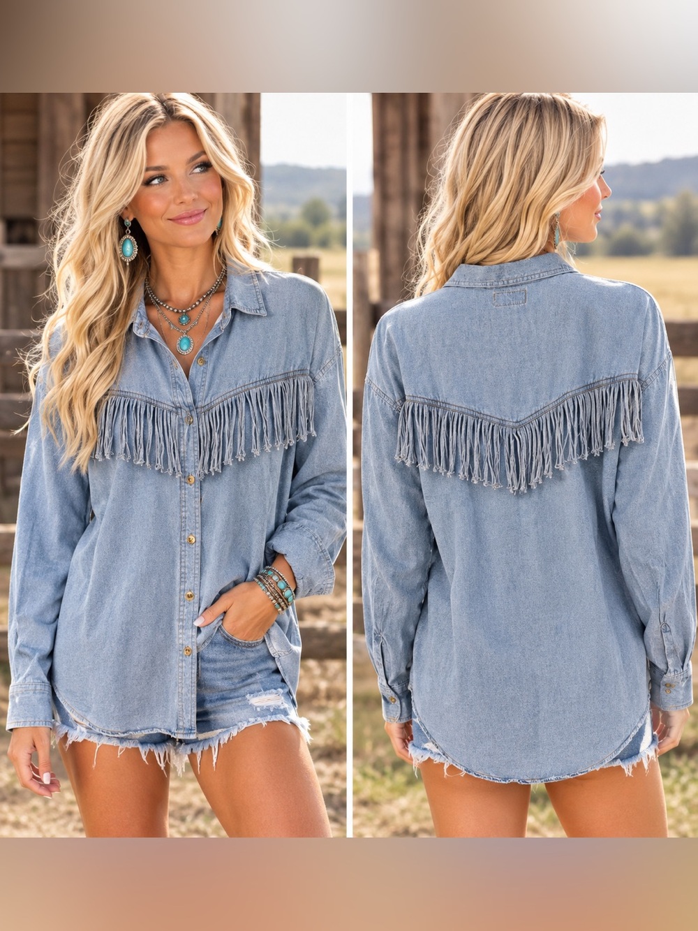 Vintage 90s Bay 6 Denim Fringe Western Button Up Shirt Size L 100% Cotton Rodeo